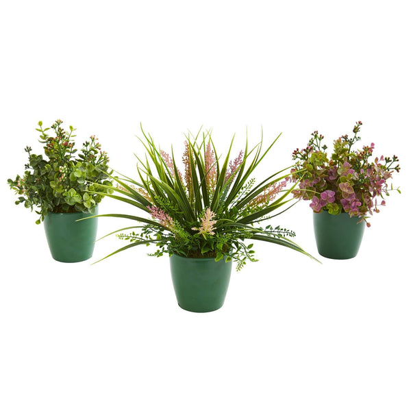 Eucalyptus, Grass and Sedum Artificial Plant in Green Planter (Set of 3)