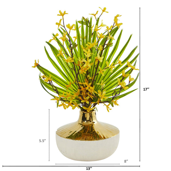 Forsythia and Fan Palm Artificial Arrangement