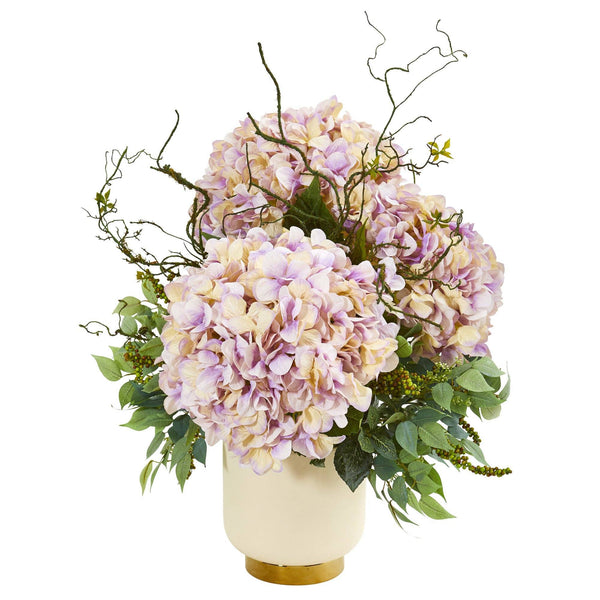 Giant Hydrangea and Mixed Greens Artificial Arrangement in White Bowl