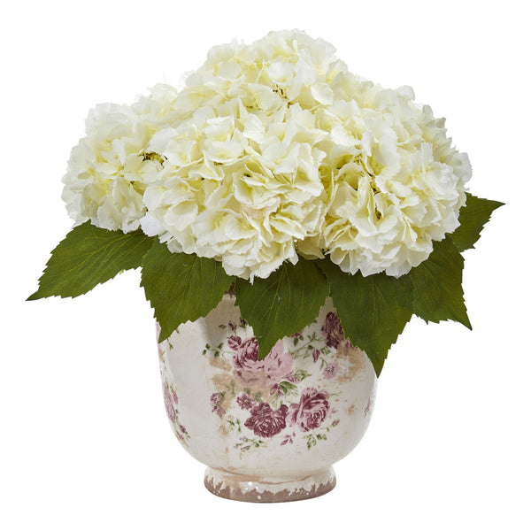 Giant Hydrangea Artificial Arrangement in Floral Printed Vase