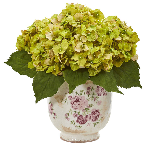 Giant Hydrangea Artificial Arrangement in Floral Printed Vase