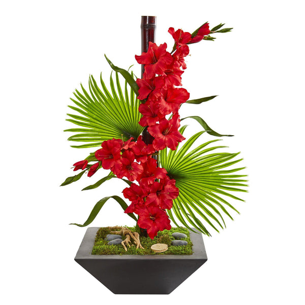 Gladiolas and Fan Palm Artificial Arrangement in Black Vase