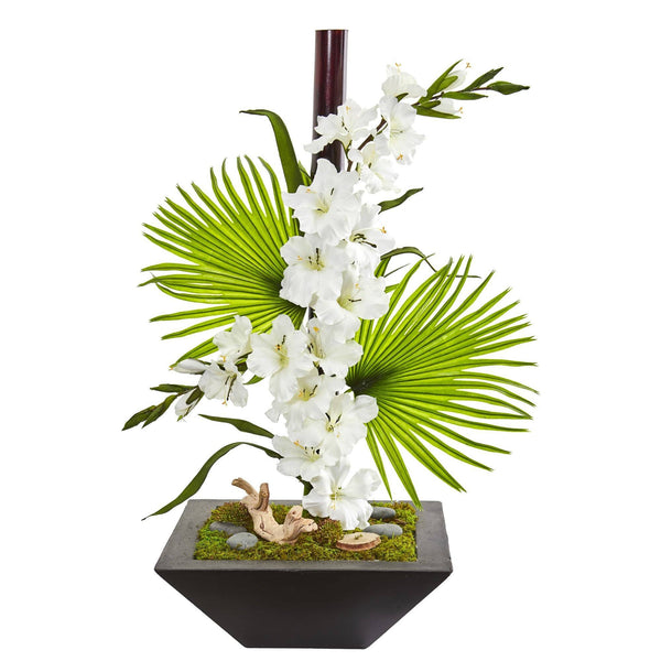 Gladiolas and Fan Palm Artificial Arrangement in Black Vase