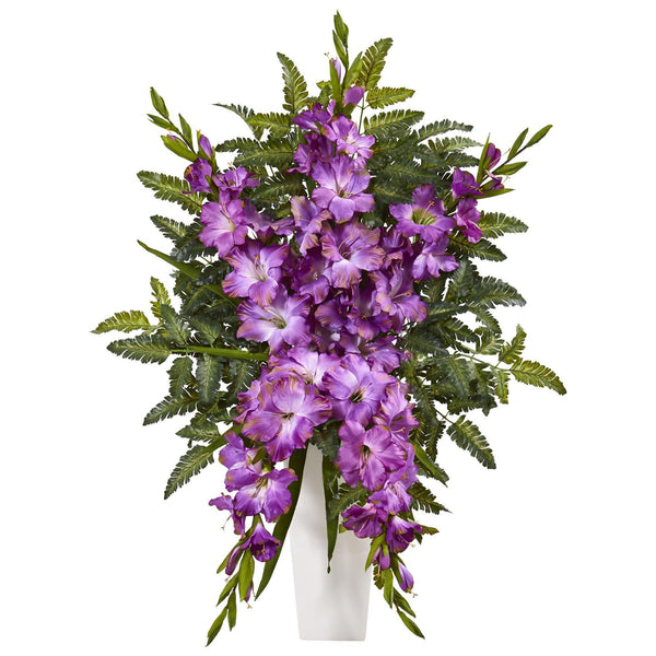 Gladiolas & Fern Artificial Arrangement in White Vase