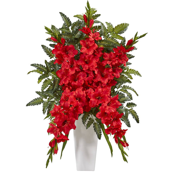 Gladiolas & Fern Artificial Arrangement in White Vase