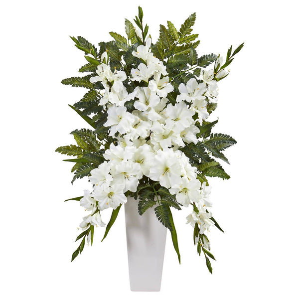 Gladiolas & Fern Artificial Arrangement in White Vase
