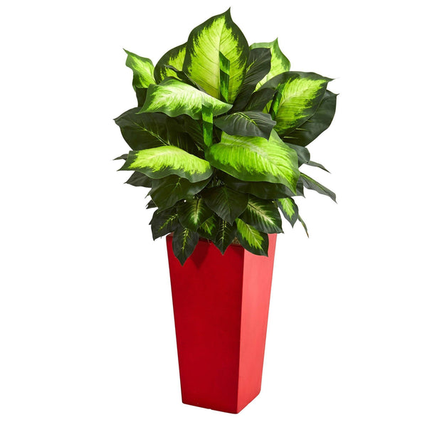 Golden Dieffenbachia Artificial Plant in Red Planter