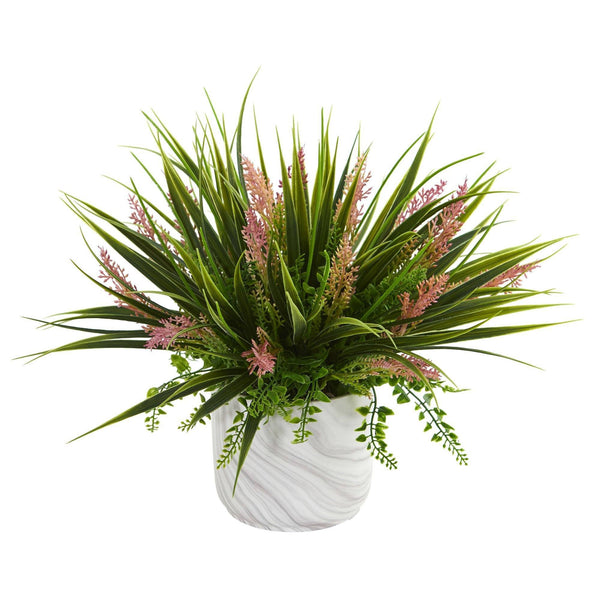 Grass and Fern Artificial Plant in Marble Finished Vase