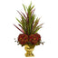 Grass & Hydrangea Artificial Arrangement in Gold Urn