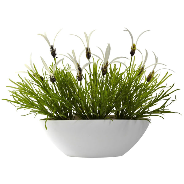 Grass & White Floral w/White Planter (Indoor/Outdoor)