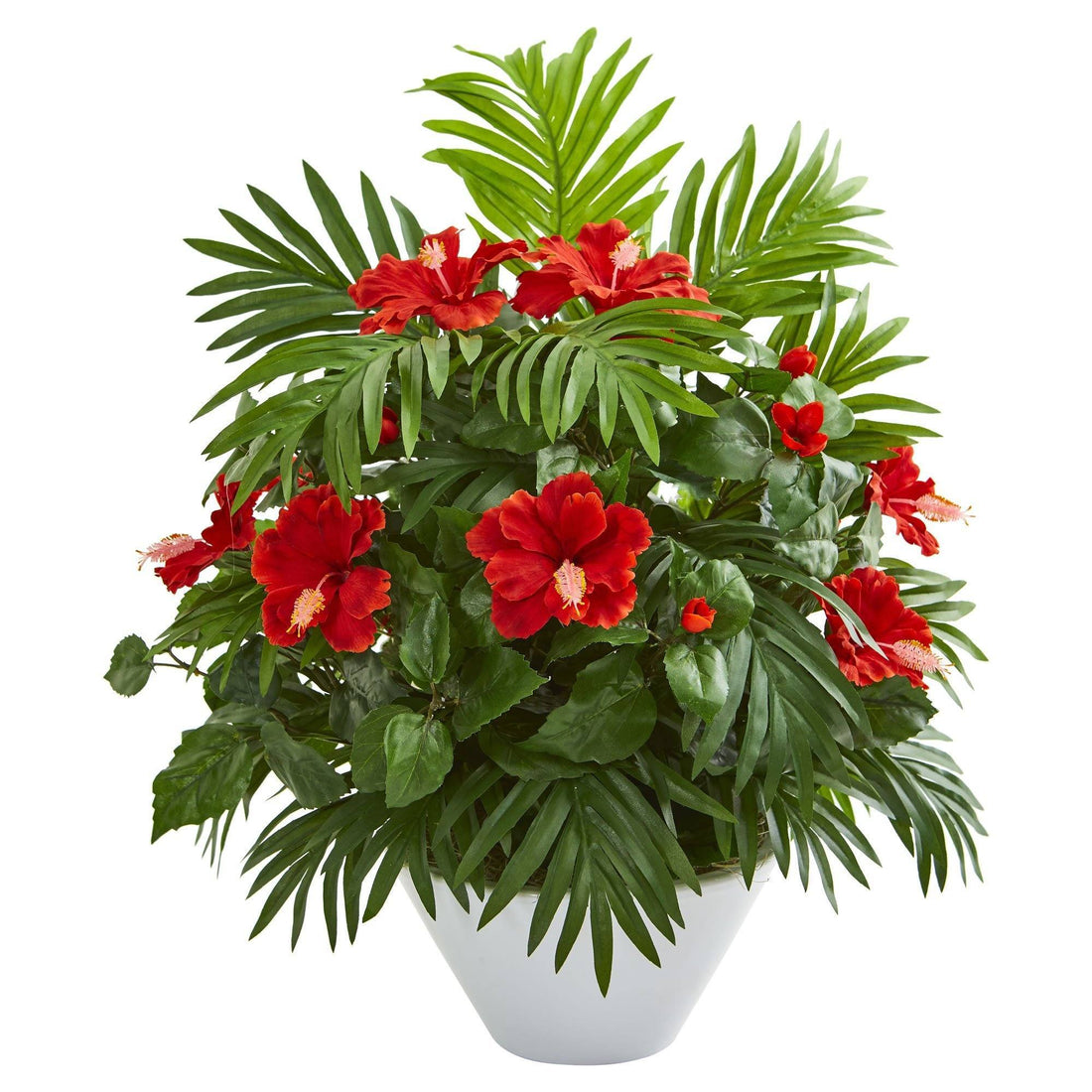 palm plant with red flowers Hibiscus and Areca Palm Artificial Plant in White Bowl