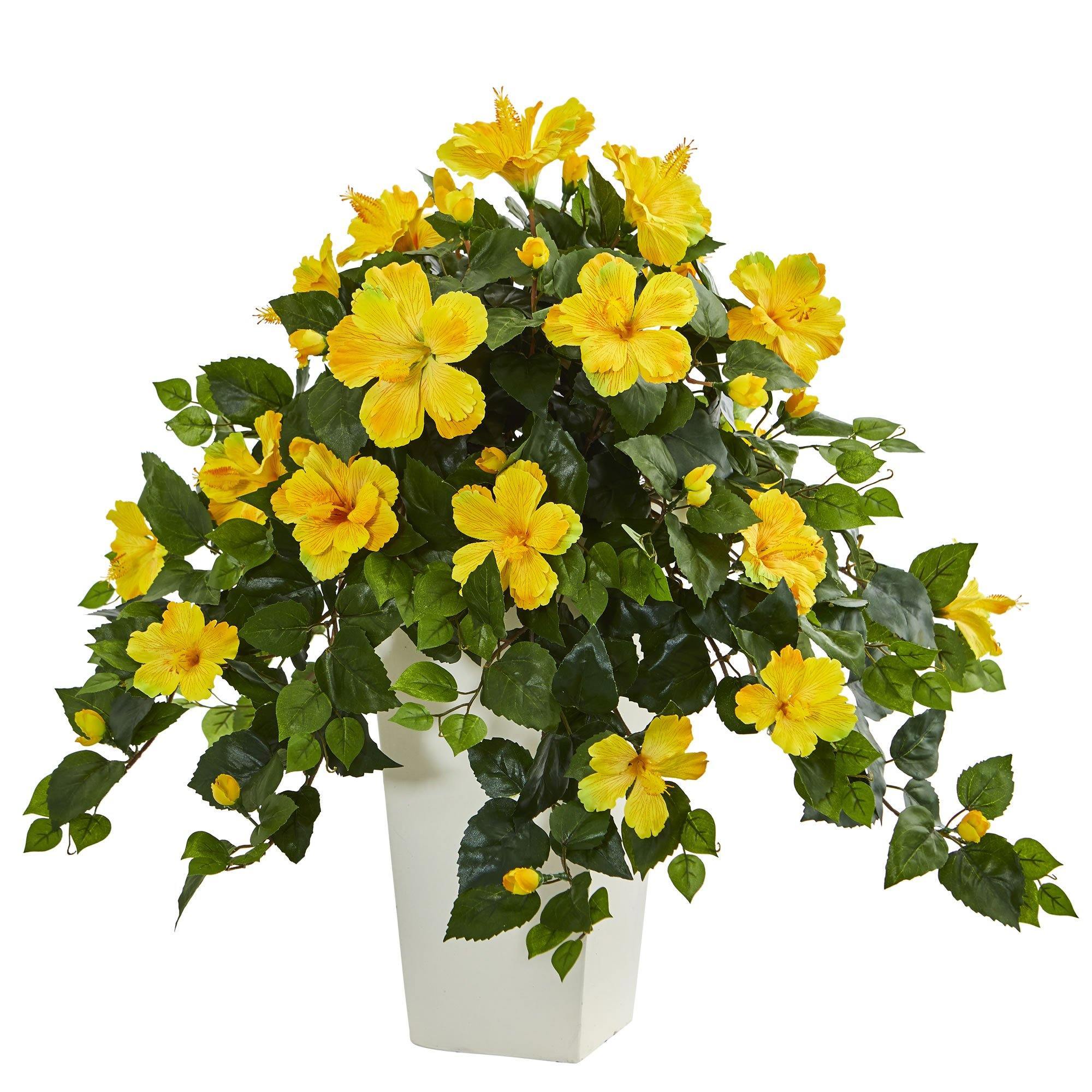 Hibiscus Artificial Plant in White Tower Planter 6364 Nearly Natural
