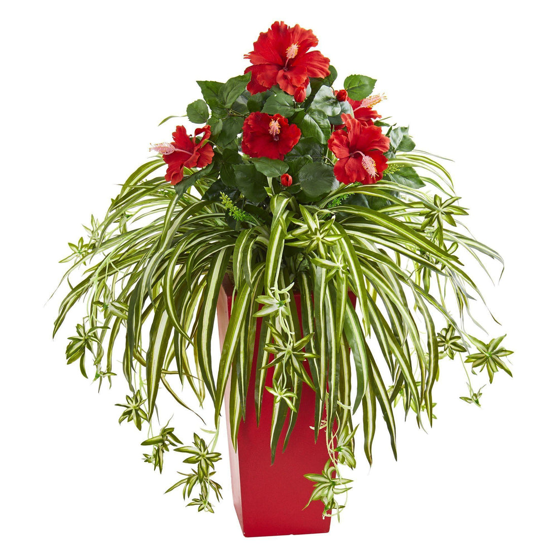 red and green spider plant Hibiscus & Spider Artificial Plant in Red Planter