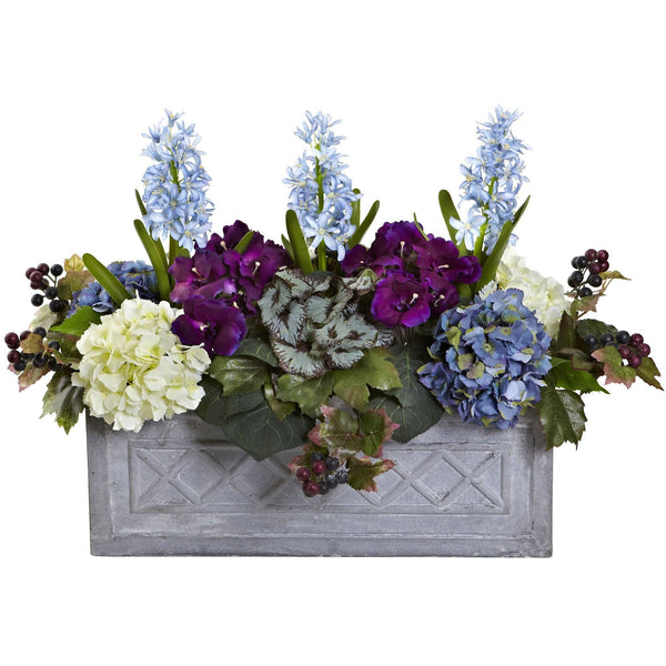 Hyacinth & Hydrangea Artificial Arrangement in Stone Planter
