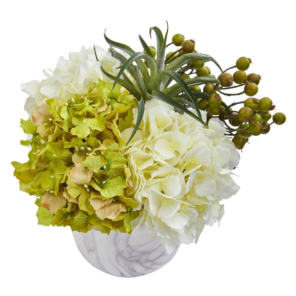Hydrangea and Berries Artificial Arrangement in Marble Finished Vase