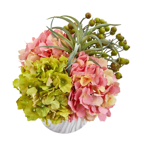 Hydrangea and Berries Artificial Arrangement in Marble Finished Vase