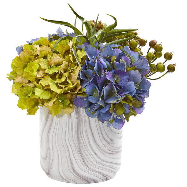 Hydrangea and Berries Artificial Arrangement in Marble Finished Vase