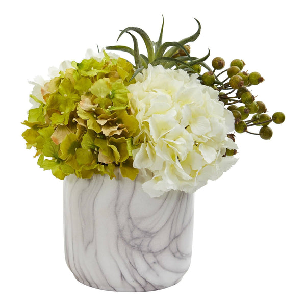 Hydrangea and Berries Artificial Arrangement in Marble Finished Vase