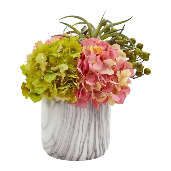 Hydrangea and Berries Artificial Arrangement in Marble Finished Vase