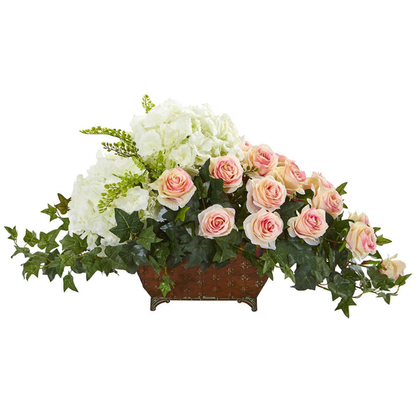 Hydrangea & Rose Artificial Arrangement in Metal Planter