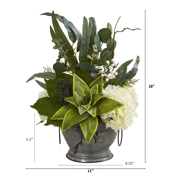 Hydrangea, Succulent and Eucalyptus Artificial Arrangement in Vintage Bowl with Copper Trimming