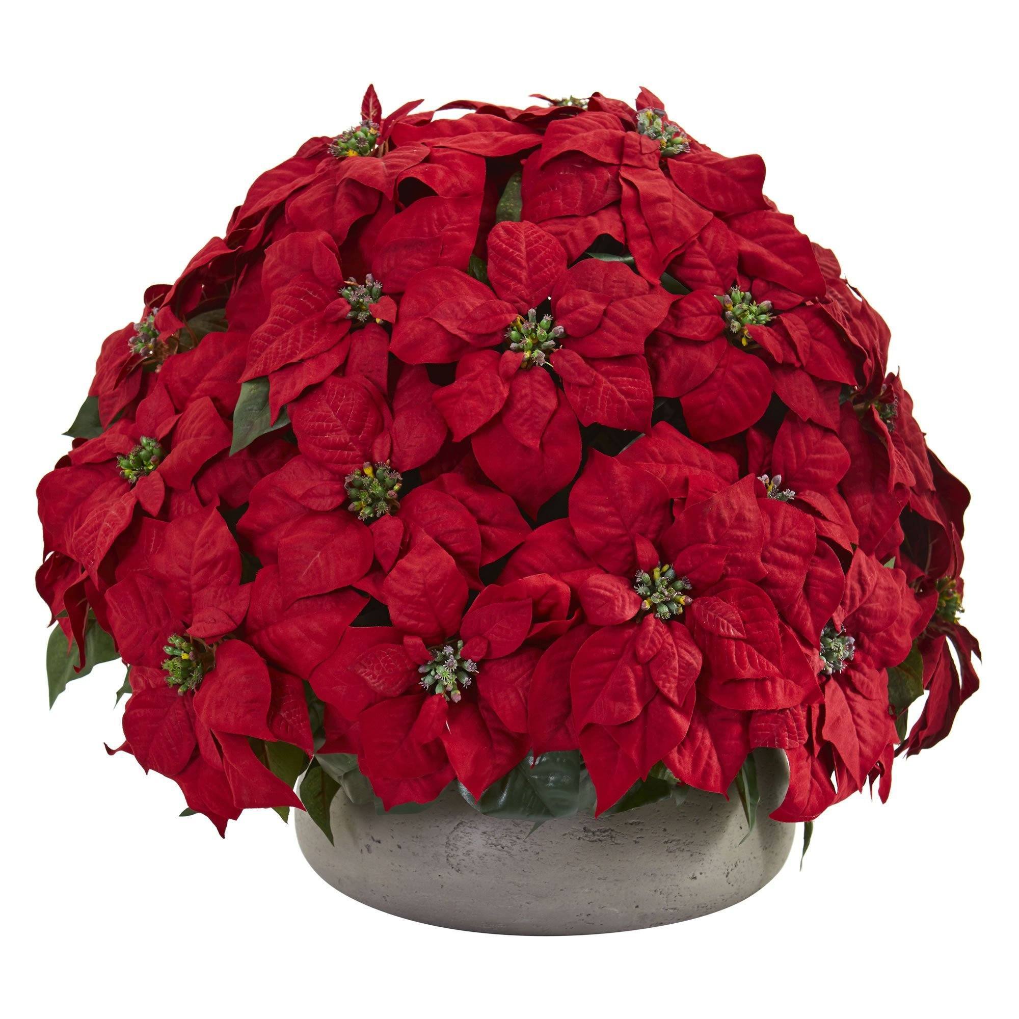 Large Poinsettia Artificial Plant in Stone Planter Nearly Natural