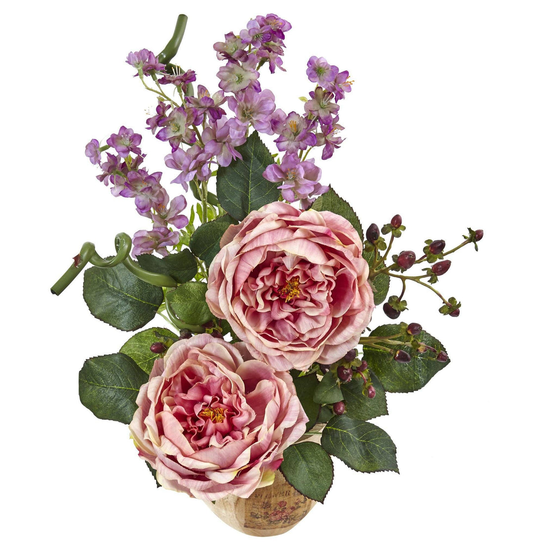 Large Rose and Dancing Daisy in Wooden Pot 1447 Nearly Natural