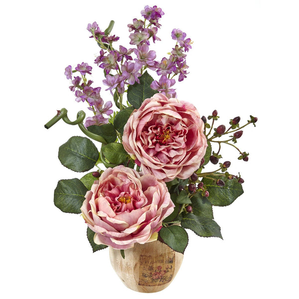 Large Rose and Dancing Daisy in Wooden Pot
