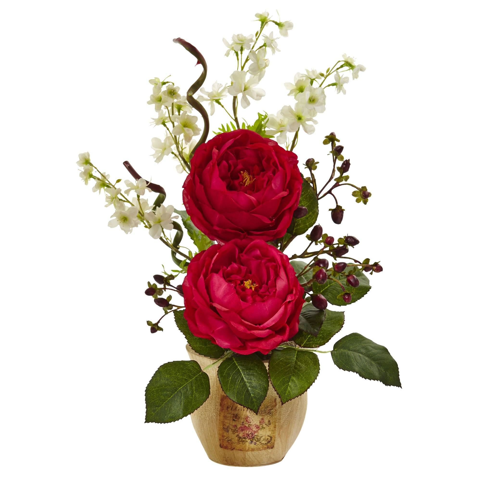 Large Rose and Dancing Daisy in Wooden Pot 1447 Nearly Natural