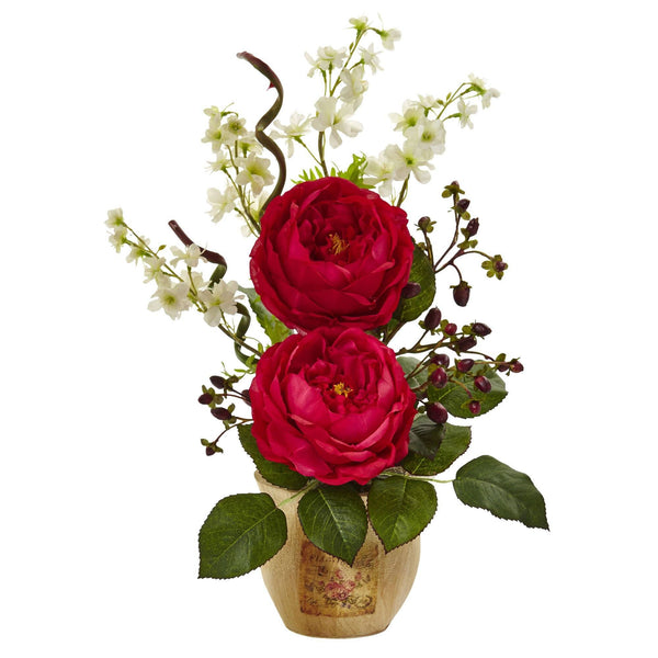 Large Rose and Dancing Daisy in Wooden Pot