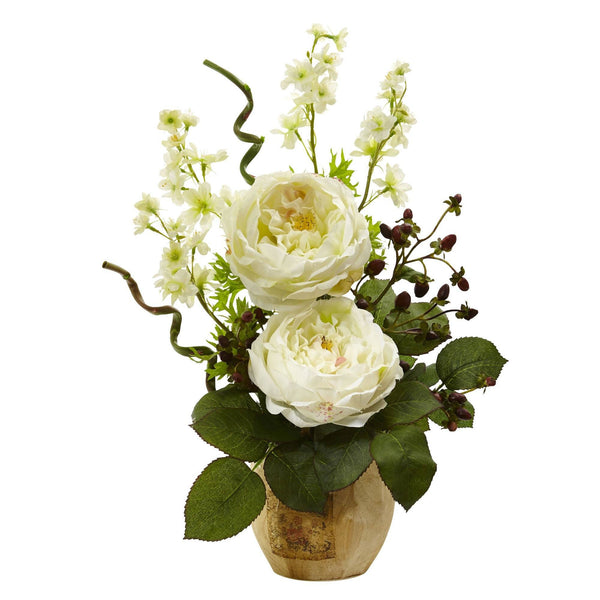 Large Rose and Dancing Daisy in Wooden Pot