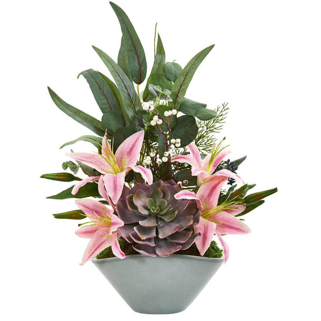 succulents and eucalyptus Lilies, Echeveria Succulent and Eucalyptus Artificial Arrangement