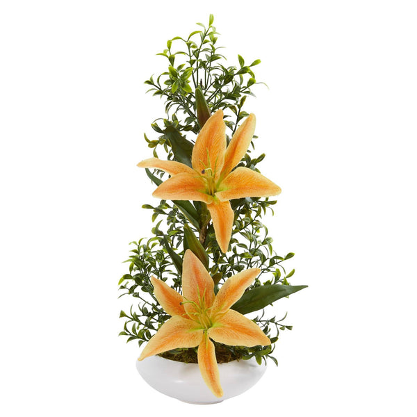 Lily and Boxwood Artificial Arrangement in White Planter