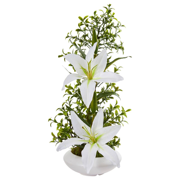 Lily and Boxwood Artificial Arrangement in White Planter