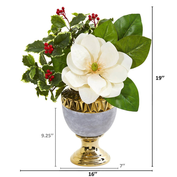Magnolia and Holly Leaf Artificial Arrangement in Stoneware Urn