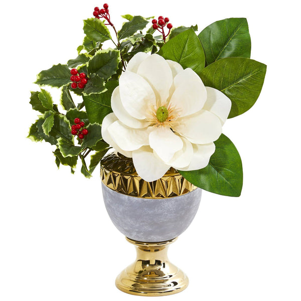 Magnolia and Holly Leaf Artificial Arrangement in Stoneware Urn