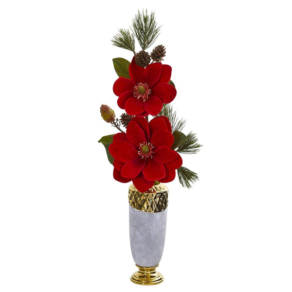 Magnolia and Pine Artificial Arrangement in Designer Vase
