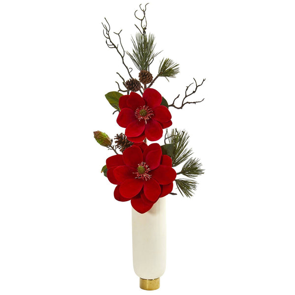 Magnolia and Pine Artificial Arrangement in White Vase