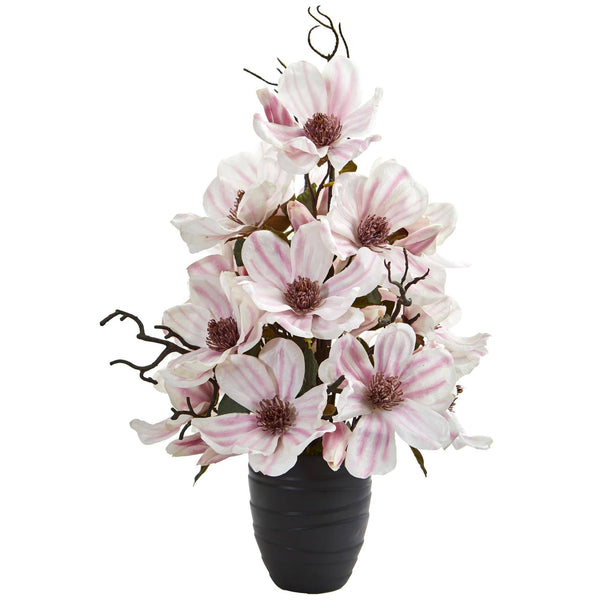 Artificial Magnolia Arrangement in Black Vase