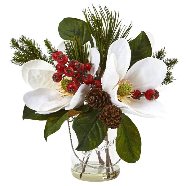 Magnolia, Pine, and Berry in Glass Vase