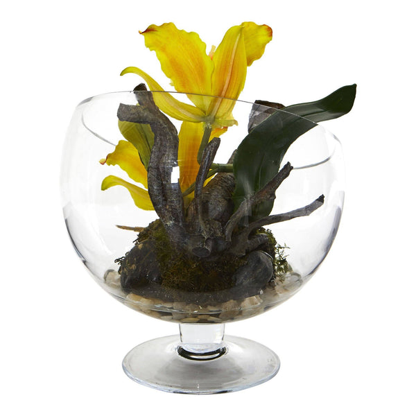 Mini Orchid Cattleya Artificial Arrangement in Pedestal Vase