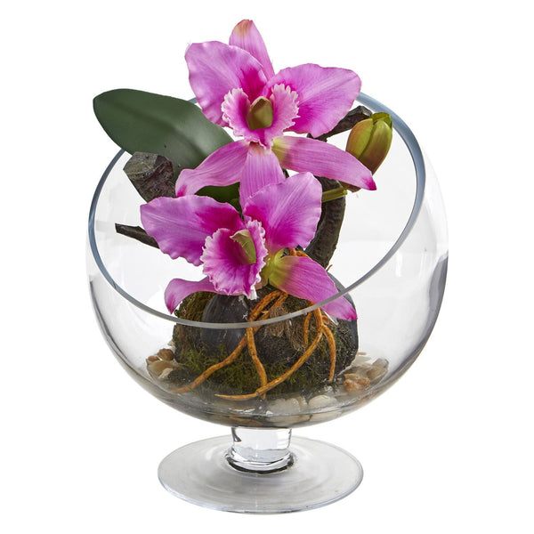 Mini Orchid Cattleya Artificial Arrangement in Pedestal Vase