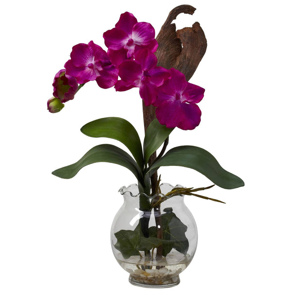Mini Vanda w/Fluted Vase Silk Flower Arrangement