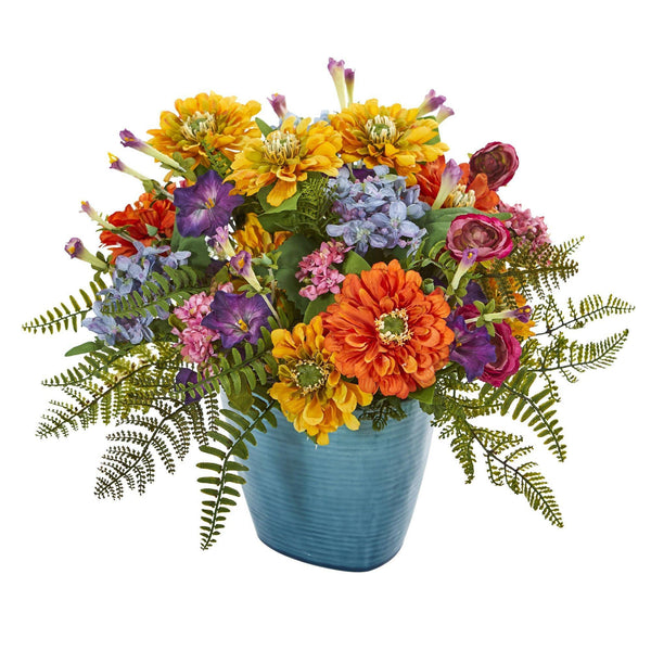 Mixed Floral Artificial Arrangement in Blue Vase