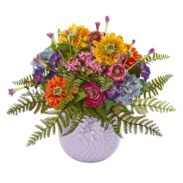 Mixed Floral Artificial Arrangement in Purple Vase