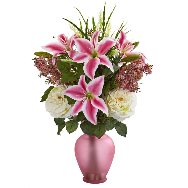 Mixed Flowers Artificial Arrangement in Rose Vase