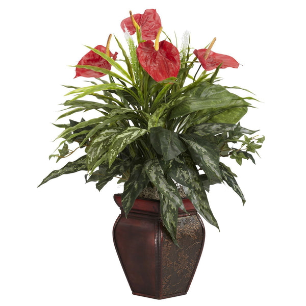 Mixed Greens & Anthurium w/Decorative Vase Silk Plant