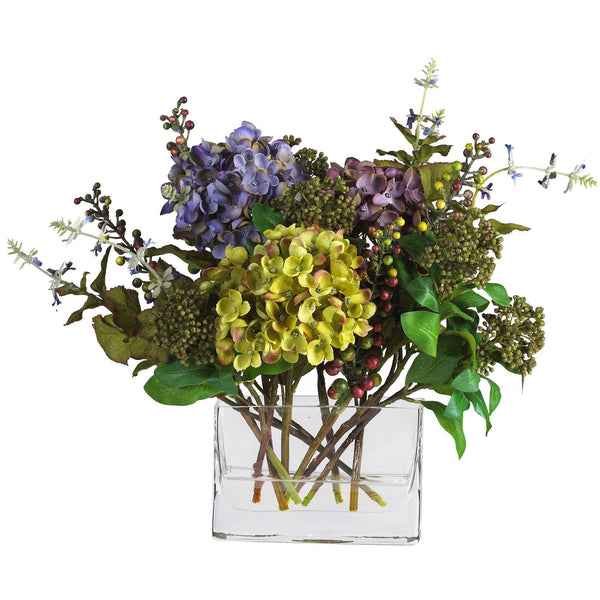 Mixed Hydrangea w/Rectangle Vase Silk Flower Arrangement