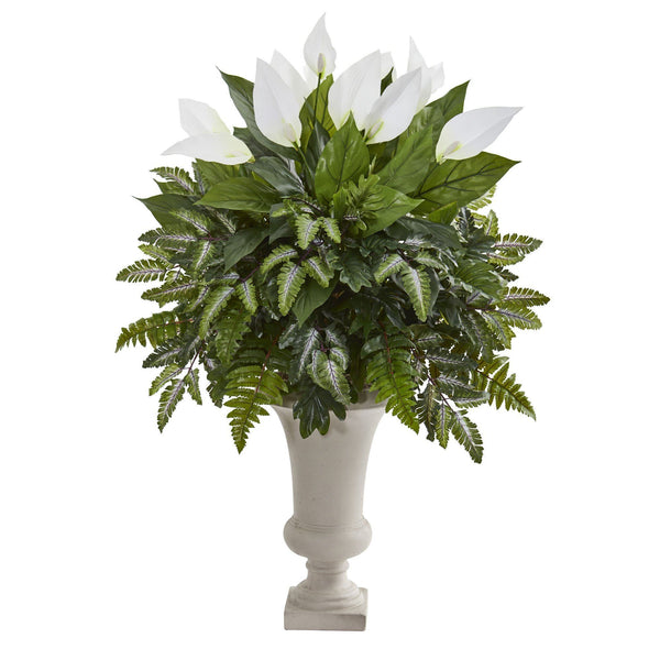 Mixed Spathifyllum Artificial Plant in White Urn