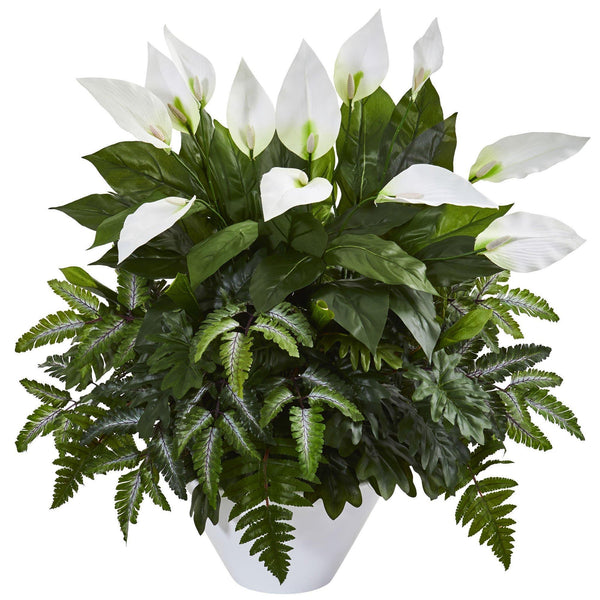 Mixed Spathifyllum Artificial Plant in White Vase
